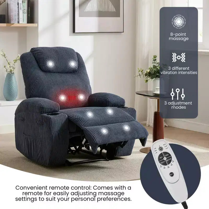 Power Recliner Chair with Massage and USB, 8-Point Vibration, Corduroy Fabric, Storage Pockets, Easy Assembly for Living Room, Bedroom