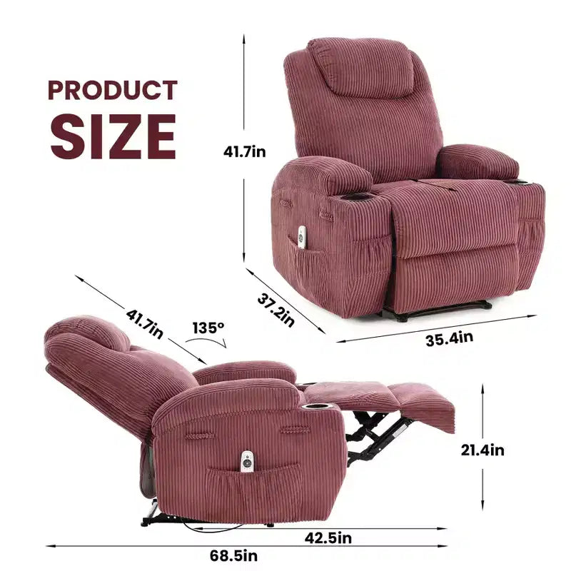 Power Recliner Chair with Massage and USB, 8-Point Vibration, Corduroy Fabric, Storage Pockets, Easy Assembly for Living Room, Bedroom