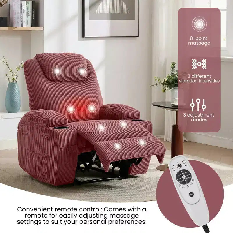 Power Recliner Chair with Massage and USB, 8-Point Vibration, Corduroy Fabric, Storage Pockets, Easy Assembly for Living Room, Bedroom