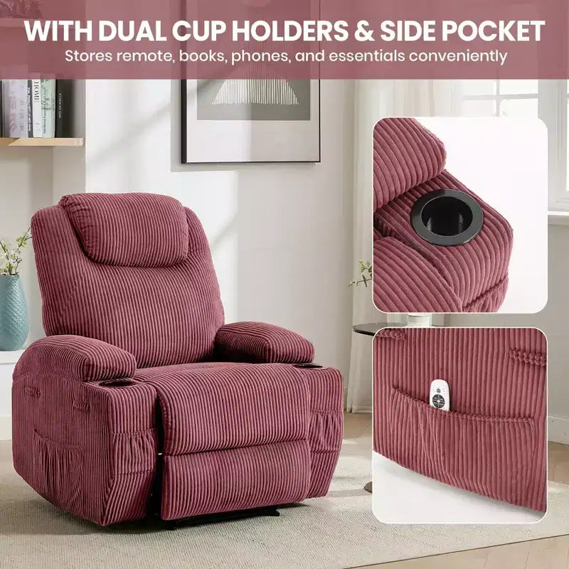 Power Recliner Chair with Massage and USB, 8-Point Vibration, Corduroy Fabric, Storage Pockets, Easy Assembly for Living Room, Bedroom