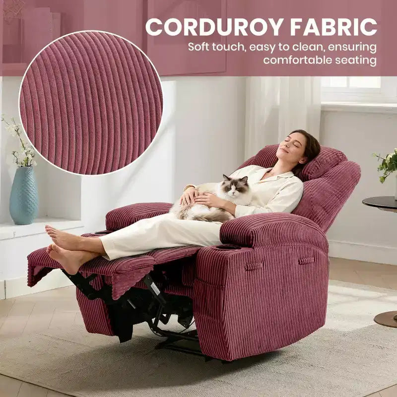 Power Recliner Chair with Massage and USB, 8-Point Vibration, Corduroy Fabric, Storage Pockets, Easy Assembly for Living Room, Bedroom