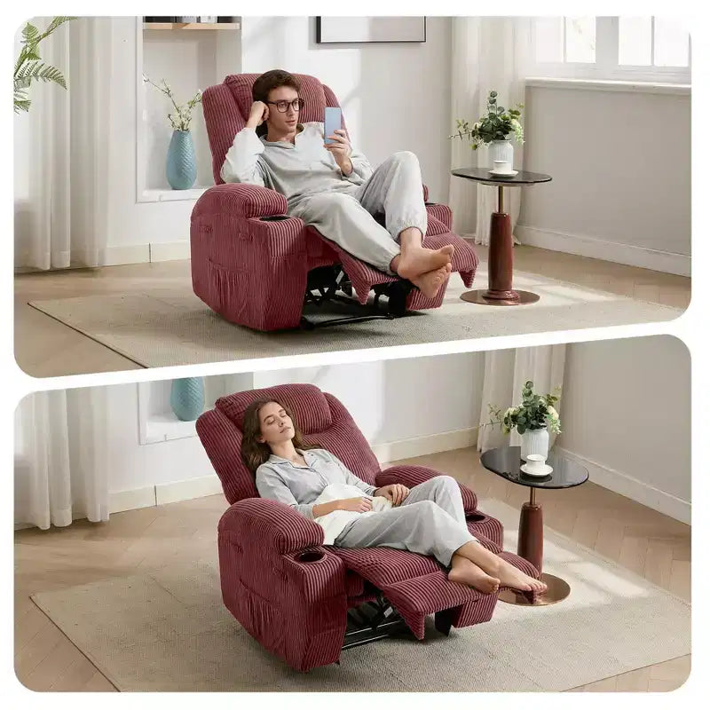 Power Recliner Chair with Massage and USB, 8-Point Vibration, Corduroy Fabric, Storage Pockets, Easy Assembly for Living Room, Bedroom