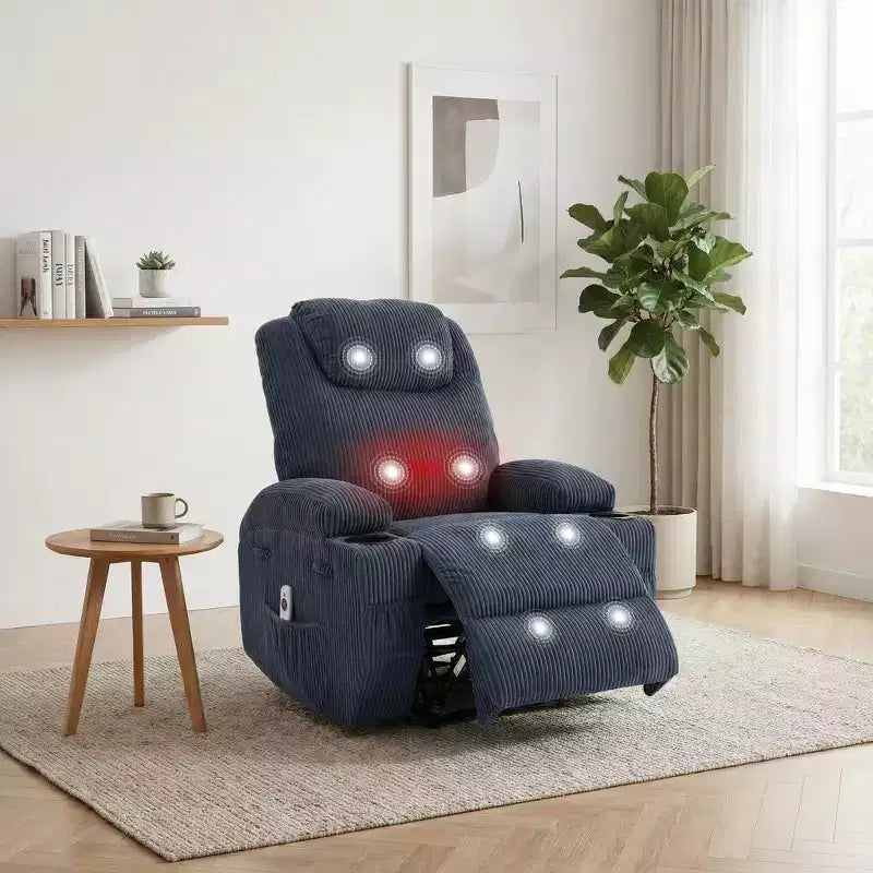 Power Recliner Chair with Massage and USB, 8-Point Vibration, Corduroy Fabric, Storage Pockets, Easy Assembly for Living Room, Bedroom