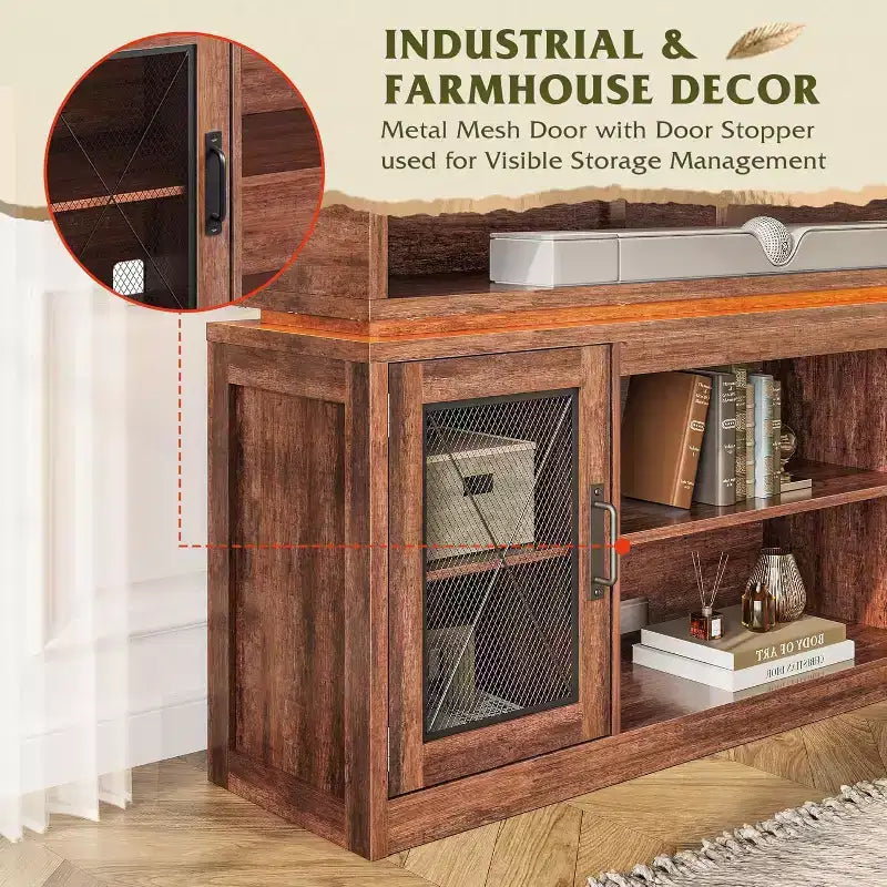 Farmhouse TV Stand for 65 Inch TV with LED Lights, Rustic Entertainment Center with Storage Cabinets for Living Room or Bedroom