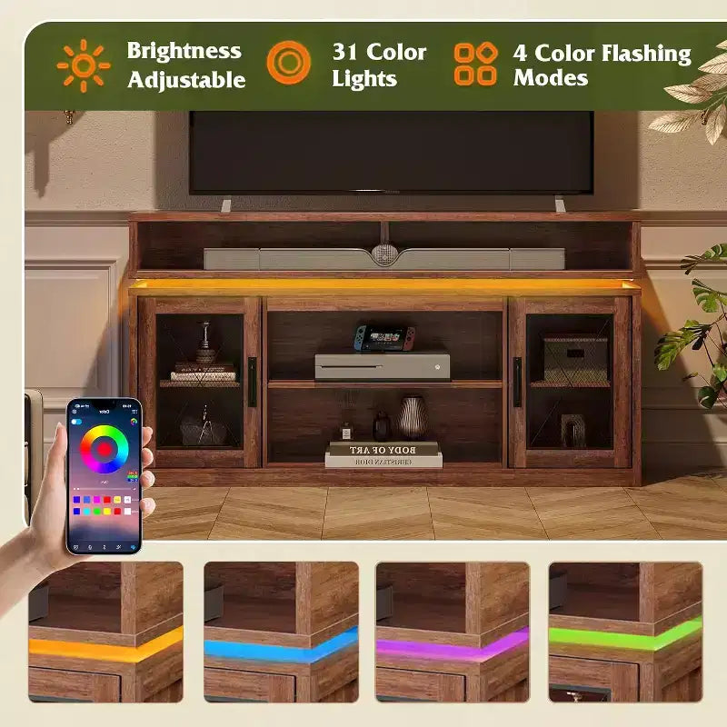 Farmhouse TV Stand for 65 Inch TV with LED Lights, Rustic Entertainment Center with Storage Cabinets for Living Room or Bedroom