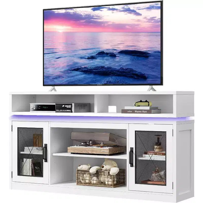 Farmhouse TV Stand for 65 Inch TV with LED Lights, Rustic Entertainment Center with Storage Cabinets for Living Room or Bedroom