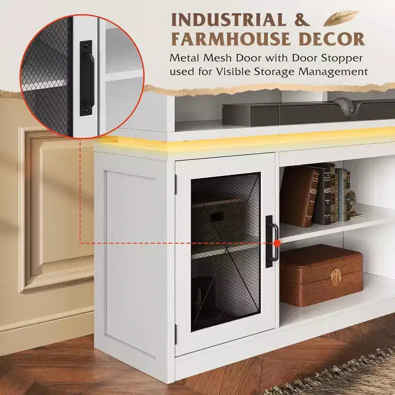Farmhouse TV Stand for 65 Inch TV with LED Lights, Rustic Entertainment Center with Storage Cabinets for Living Room or Bedroom