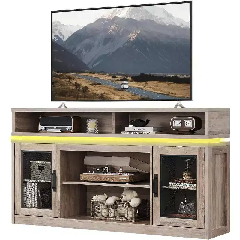 Farmhouse TV Stand for 65 Inch TV with LED Lights, Rustic Entertainment Center with Storage Cabinets for Living Room or Bedroom