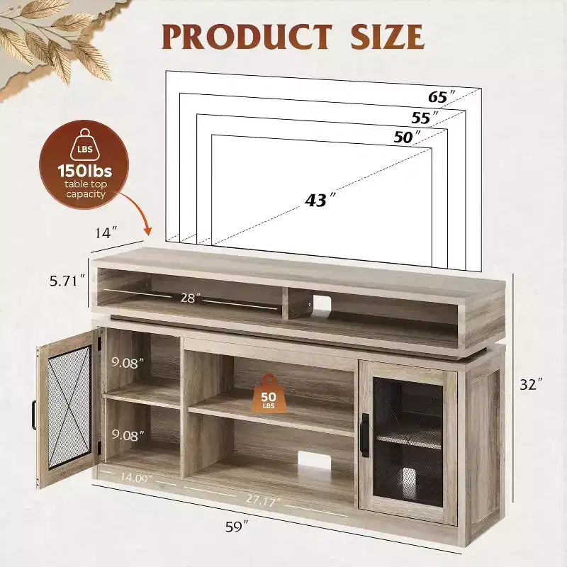 Farmhouse TV Stand for 65 Inch TV with LED Lights, Rustic Entertainment Center with Storage Cabinets for Living Room or Bedroom