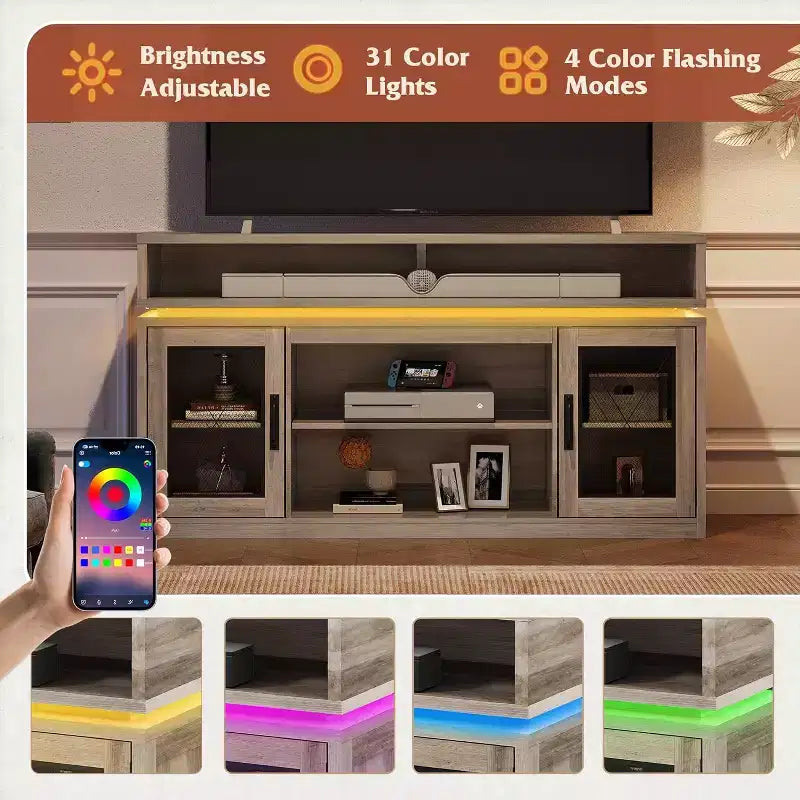Farmhouse TV Stand for 65 Inch TV with LED Lights, Rustic Entertainment Center with Storage Cabinets for Living Room or Bedroom