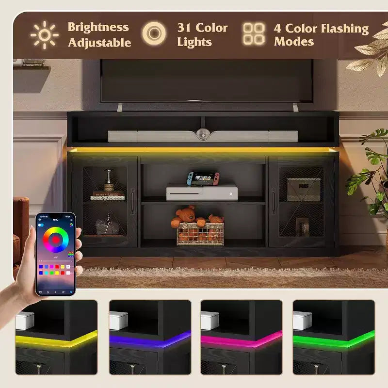 GALAXHERO Farmhouse TV Stand for 65 Inch TV with LED Lights, Rustic Entertainment Center with Storage Cabinets for Living Room or Bedroom