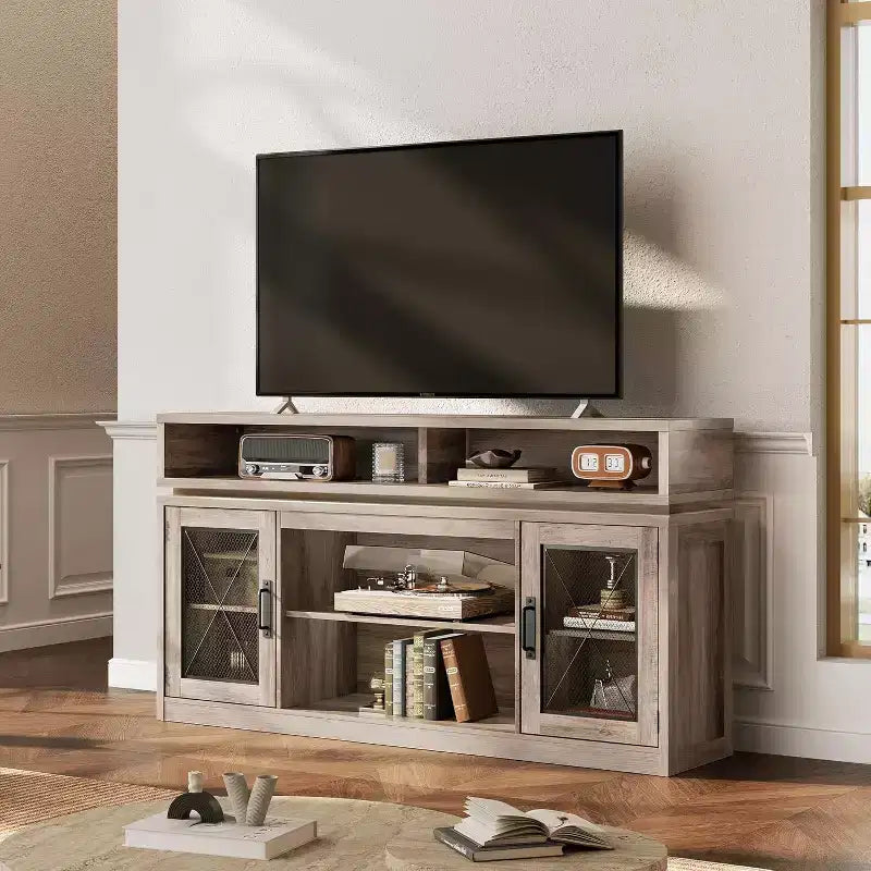 Farmhouse TV Stand for 65 Inch TV with LED Lights, Rustic Entertainment Center with Storage Cabinets for Living Room or Bedroom