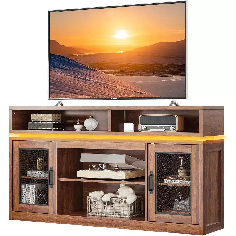 Farmhouse TV Stand for 65 Inch TV with LED Lights, Rustic Entertainment Center with Storage Cabinets for Living Room or Bedroom