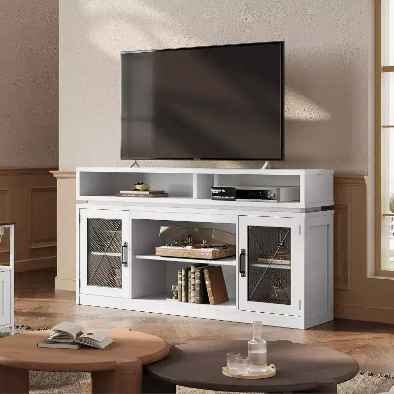 Farmhouse TV Stand for 65 Inch TV with LED Lights, Rustic Entertainment Center with Storage Cabinets for Living Room or Bedroom