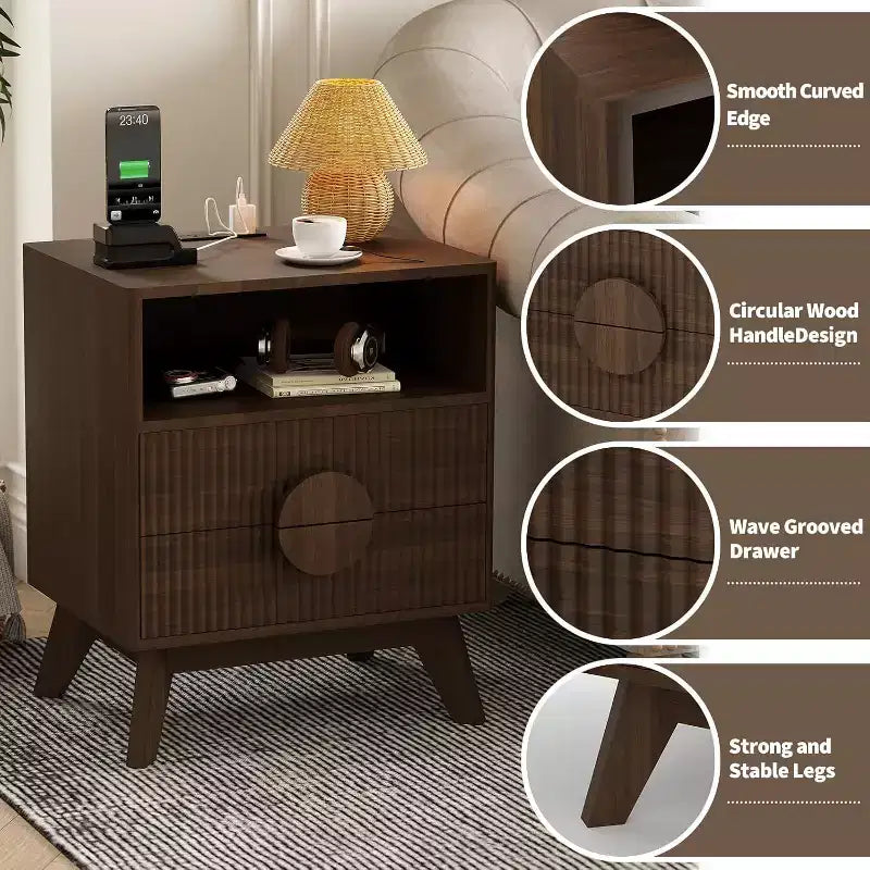 Modern Fluted Nightstand with Charging Station, Wood Bedside Table with Drawers & Storage Shelf for Living Room Bedroom