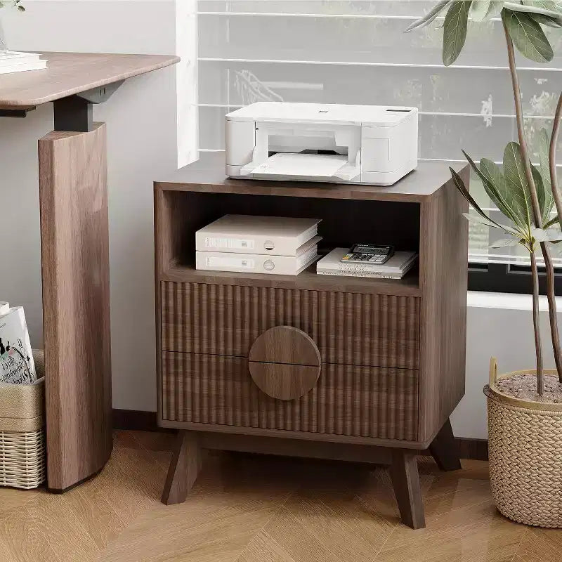 Modern Fluted Nightstand with Charging Station, Wood Bedside Table with Drawers & Storage Shelf for Living Room Bedroom