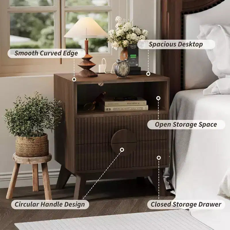 Modern Fluted Nightstand with Charging Station, Wood Bedside Table with Drawers & Storage Shelf for Living Room Bedroom