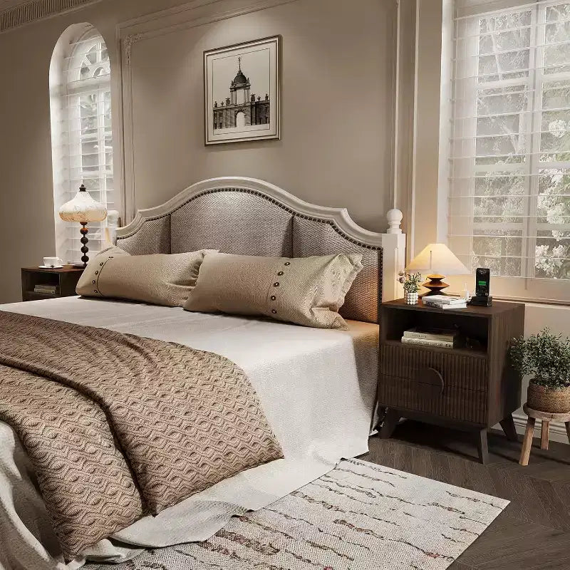 Modern Fluted Nightstand with Charging Station, Wood Bedside Table with Drawers & Storage Shelf for Living Room Bedroom