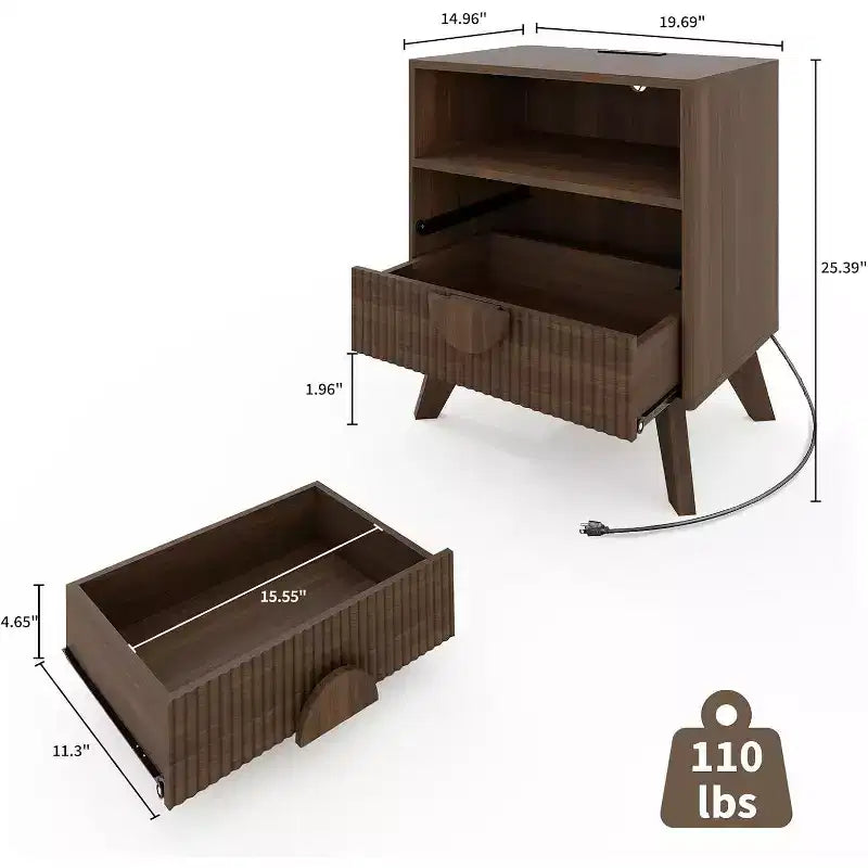 Modern Fluted Nightstand with Charging Station, Wood Bedside Table with Drawers & Storage Shelf for Living Room Bedroom