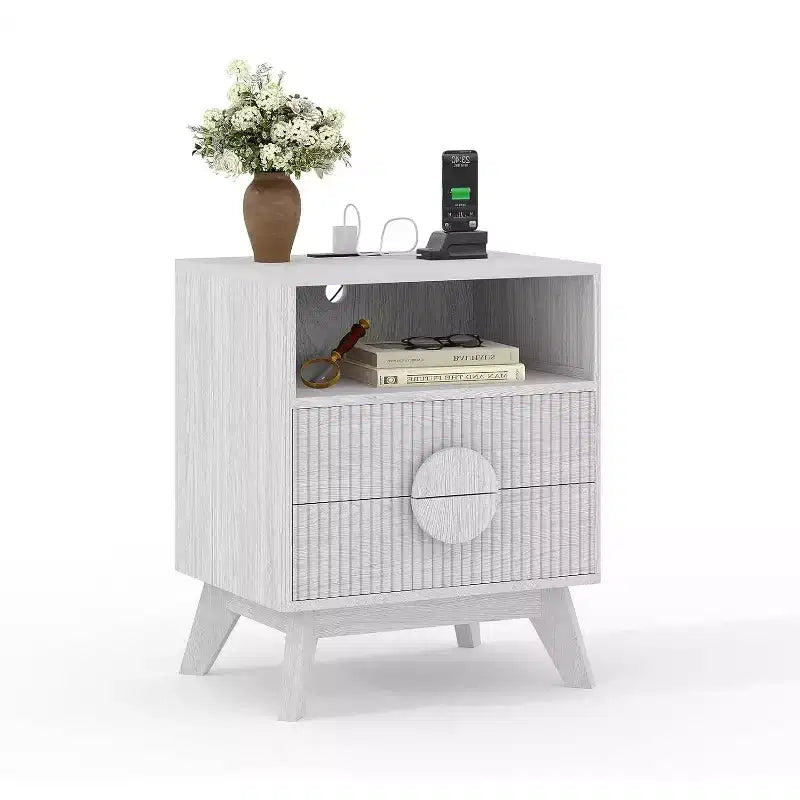 COZONY Modern Fluted Nightstand with Charging Station, Wood Bedside Table with Drawers & Storage Shelf for Living Room Bedroom