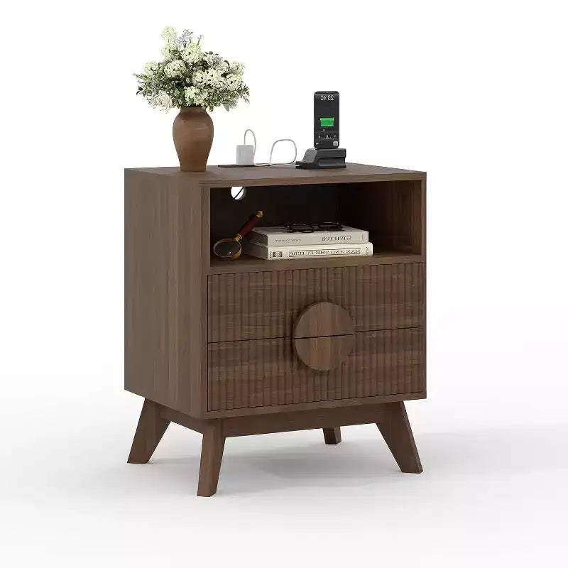 Modern Fluted Nightstand with Charging Station, Wood Bedside Table with Drawers & Storage Shelf for Living Room Bedroom