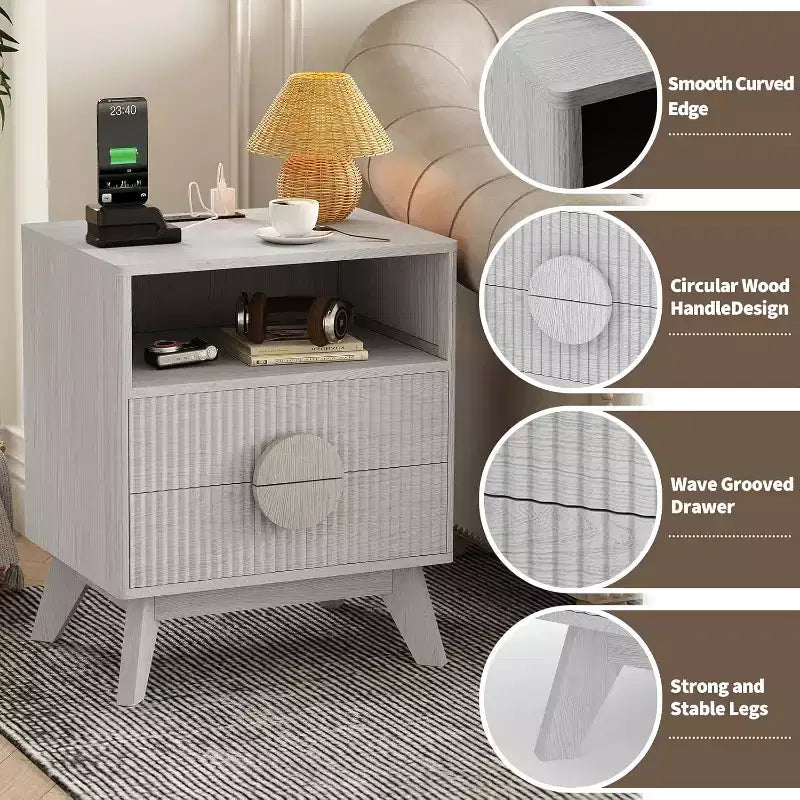 Modern Fluted Nightstand with Charging Station, Wood Bedside Table with Drawers & Storage Shelf for Living Room Bedroom