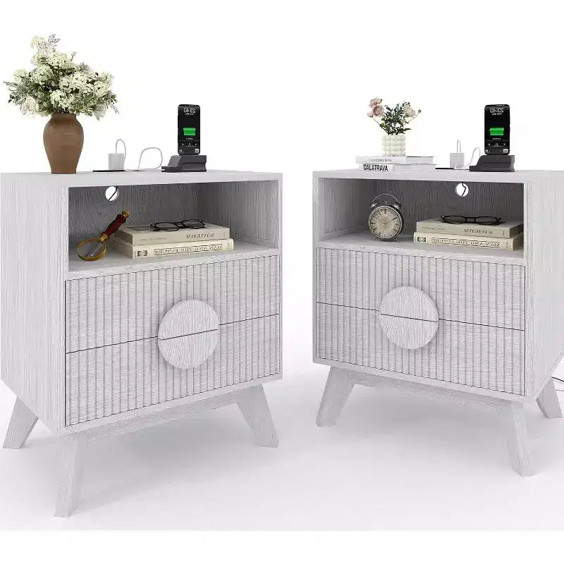 Modern Fluted Nightstand with Charging Station, Wood Bedside Table with Drawers & Storage Shelf for Living Room Bedroom