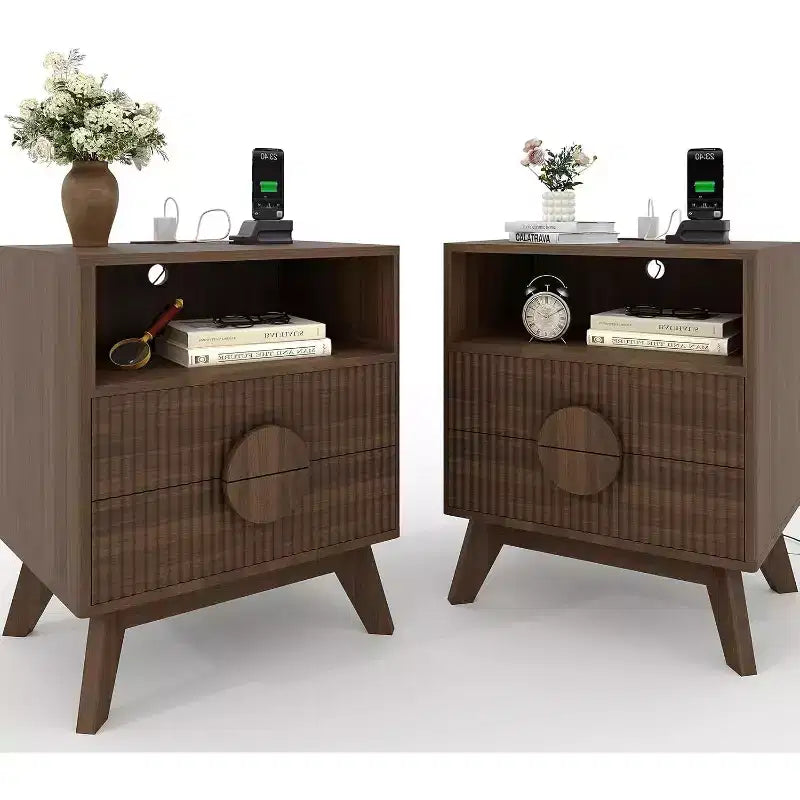 Modern Fluted Nightstand with Charging Station, Wood Bedside Table with Drawers & Storage Shelf for Living Room Bedroom