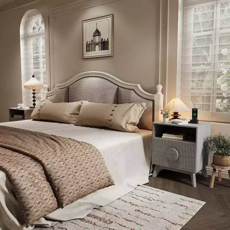 Modern Fluted Nightstand with Charging Station, Wood Bedside Table with Drawers & Storage Shelf for Living Room Bedroom