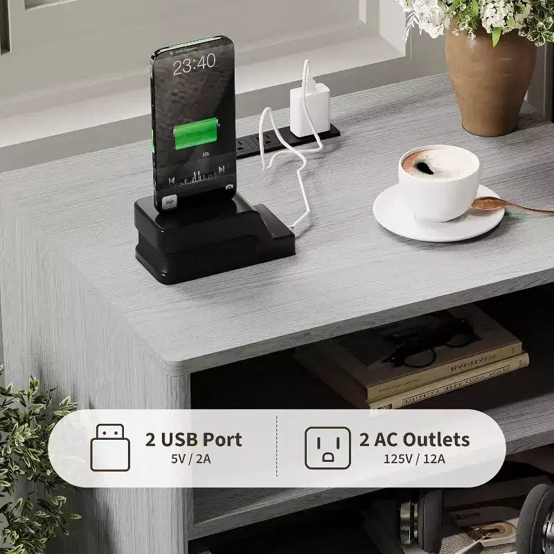 Modern Fluted Nightstand with Charging Station, Wood Bedside Table with Drawers & Storage Shelf for Living Room Bedroom