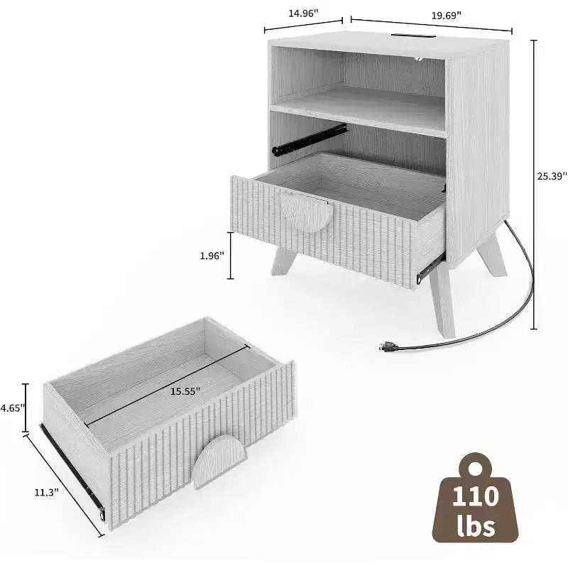 Modern Fluted Nightstand with Charging Station, Wood Bedside Table with Drawers & Storage Shelf for Living Room Bedroom