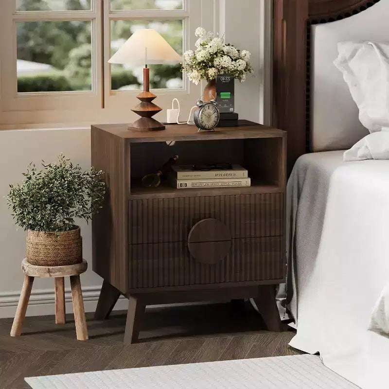 Modern Fluted Nightstand with Charging Station, Wood Bedside Table with Drawers & Storage Shelf for Living Room Bedroom
