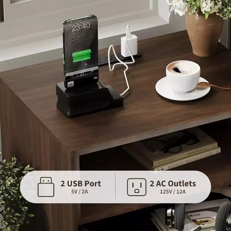 Modern Fluted Nightstand with Charging Station, Wood Bedside Table with Drawers & Storage Shelf for Living Room Bedroom