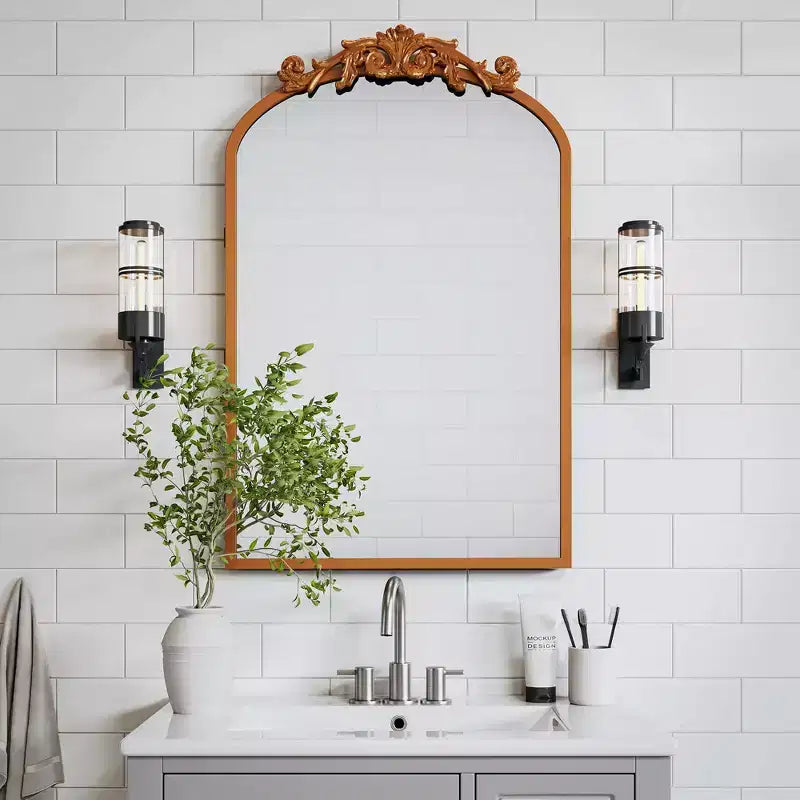 PexFix 30 x 19.7 Vintage Bathroom Medicine Cabinet Metal Carved Wall-Mounted Decorative Vanity Mirror with Storage in Golden