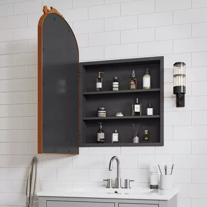 30 x 19.7 Vintage Bathroom Medicine Cabinet Metal Carved Wall-Mounted Decorative Vanity Mirror with Storage in Golden
