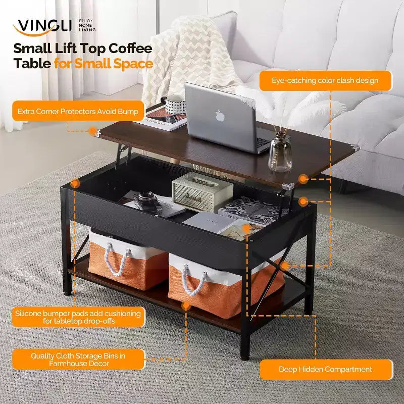 36 Lift Top Coffee Table with Cloth Storage Bins, Rustic Farmhouse Coffee Tables for Living Room, Espresso