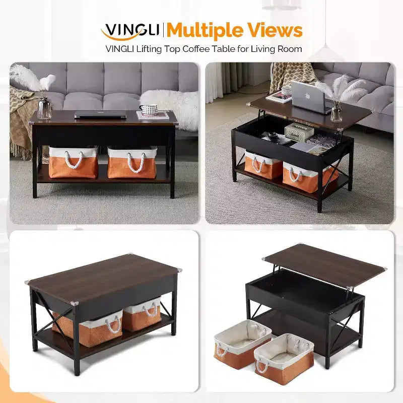 36 Lift Top Coffee Table with Cloth Storage Bins, Rustic Farmhouse Coffee Tables for Living Room, Espresso