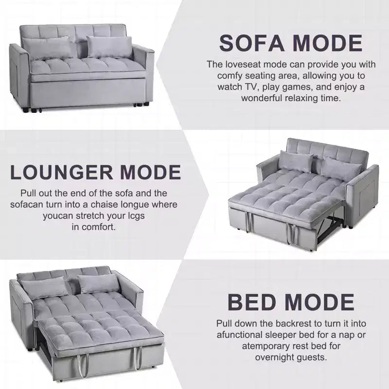 Convertible Modern Pull Out Couch Sleeper Loveseat Velvet Bed Adjustable Backrest with Pillows Pockets for Living Room Gray