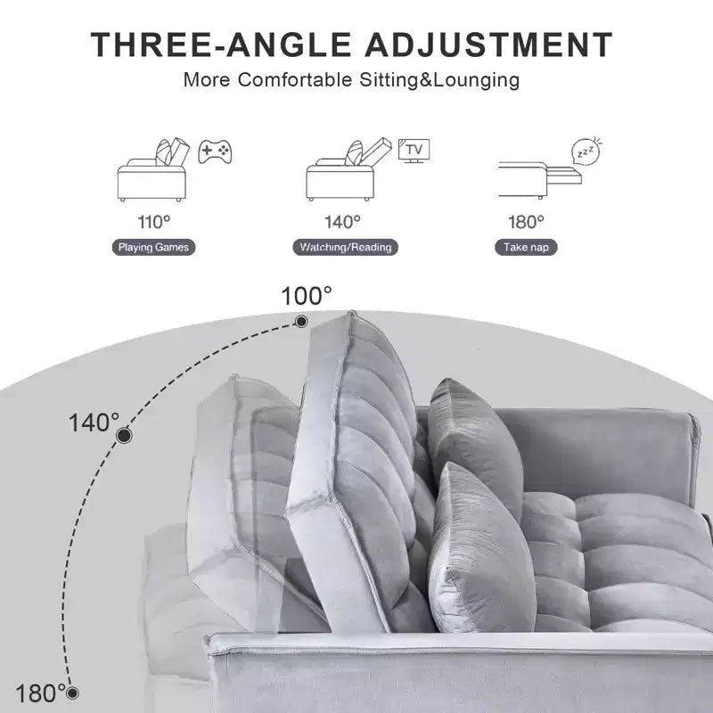 Convertible Modern Pull Out Couch Sleeper Loveseat Velvet Bed Adjustable Backrest with Pillows Pockets for Living Room Gray