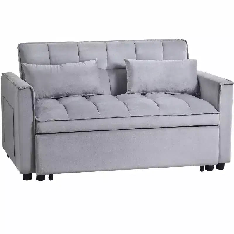 Convertible Modern Pull Out Couch Sleeper Loveseat Velvet Bed Adjustable Backrest with Pillows Pockets for Living Room Gray