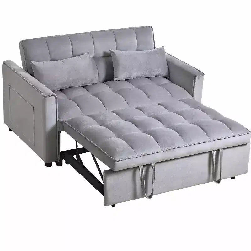 Convertible Modern Pull Out Couch Sleeper Loveseat Velvet Bed Adjustable Backrest with Pillows Pockets for Living Room Gray