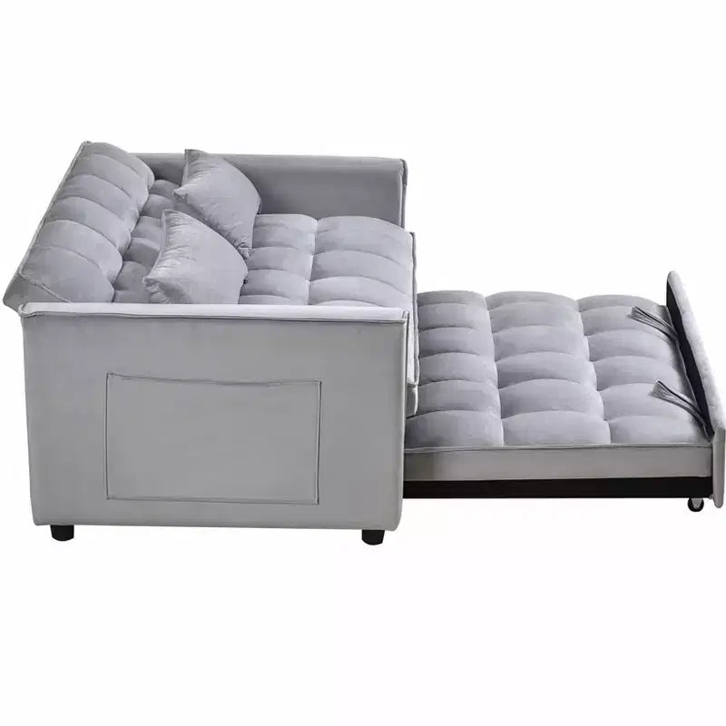 Convertible Modern Pull Out Couch Sleeper Loveseat Velvet Bed Adjustable Backrest with Pillows Pockets for Living Room Gray