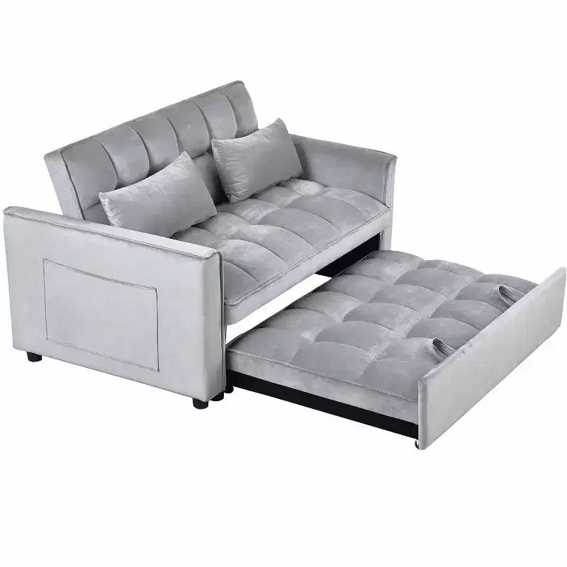 Convertible Modern Pull Out Couch Sleeper Loveseat Velvet Bed Adjustable Backrest with Pillows Pockets for Living Room Gray