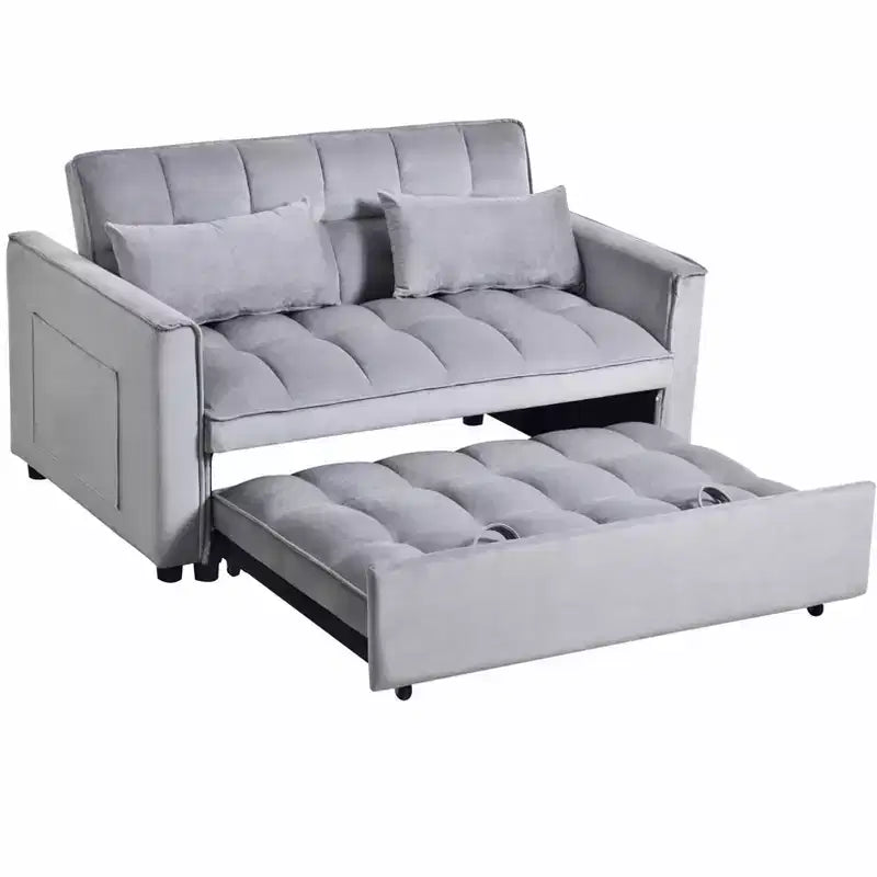 Convertible Modern Pull Out Couch Sleeper Loveseat Velvet Bed Adjustable Backrest with Pillows Pockets for Living Room Gray
