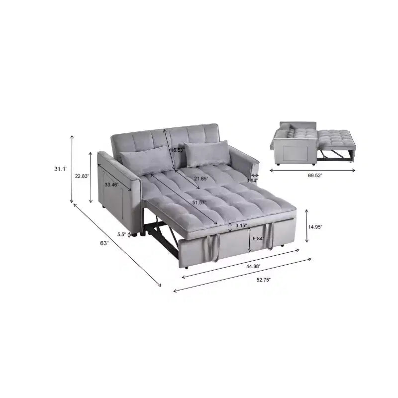 Convertible Modern Pull Out Couch Sleeper Loveseat Velvet Bed Adjustable Backrest with Pillows Pockets for Living Room Gray