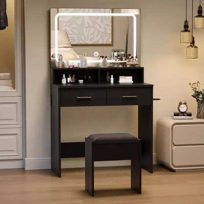 Vanity Set with 3-Color Adjustable LED Mirror, Small Makeup Desk with Power Outlet and 2 Drawers, Dressing Table and Cushion Stool Set for Bedroom