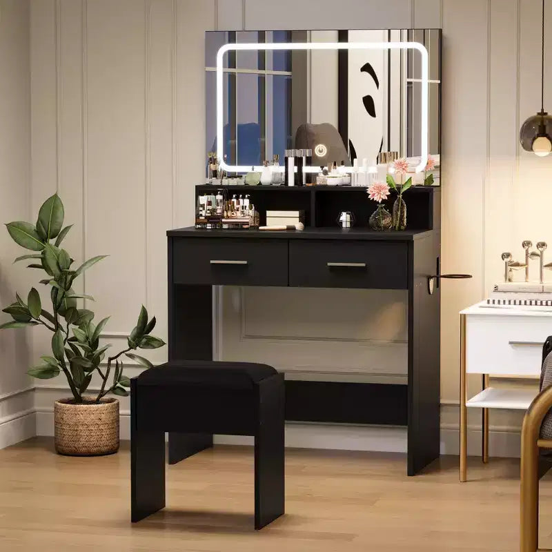 Vanity Set with 3-Color Adjustable LED Mirror, Small Makeup Desk with Power Outlet and 2 Drawers, Dressing Table and Cushion Stool Set for Bedroom