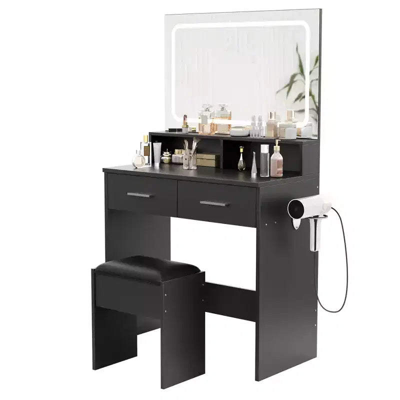 Vanity Set with 3-Color Adjustable LED Mirror, Small Makeup Desk with Power Outlet and 2 Drawers, Dressing Table and Cushion Stool Set for Bedroom