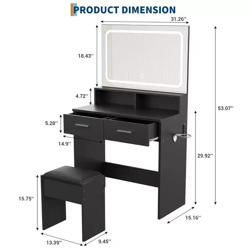 Vanity Set with 3-Color Adjustable LED Mirror, Small Makeup Desk with Power Outlet and 2 Drawers, Dressing Table and Cushion Stool Set for Bedroom
