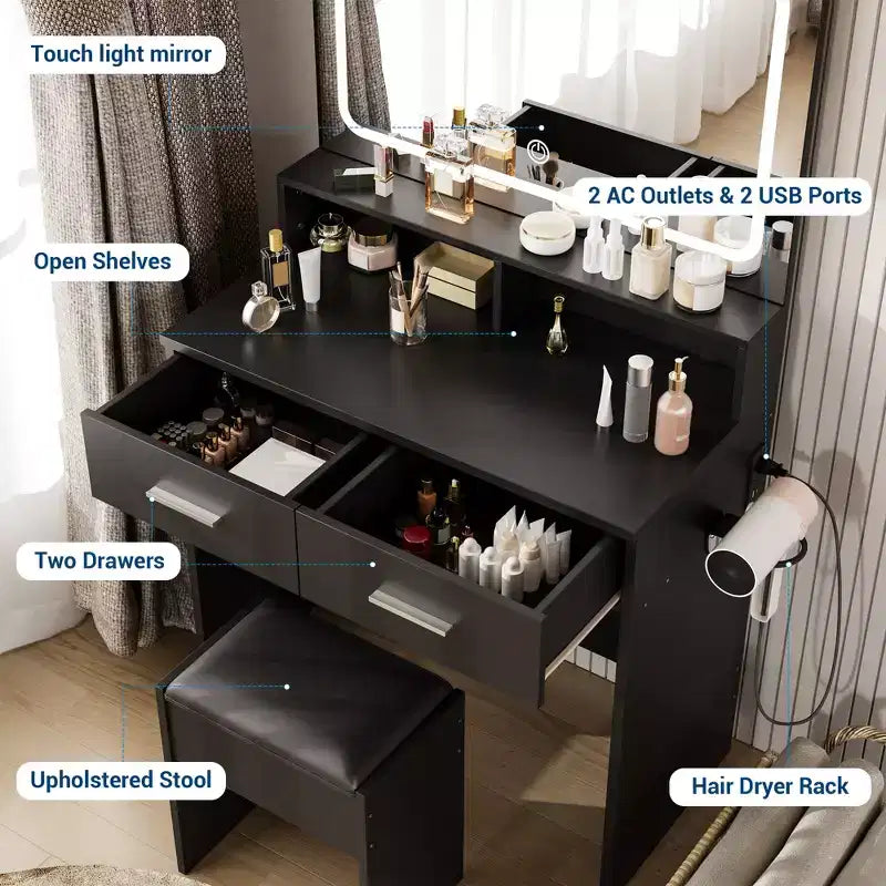 Vanity Set with 3-Color Adjustable LED Mirror, Small Makeup Desk with Power Outlet and 2 Drawers, Dressing Table and Cushion Stool Set for Bedroom